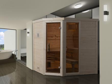 Helytakarékos ötszögletű szauna építés, divatos szauna ablakelemmel együtt