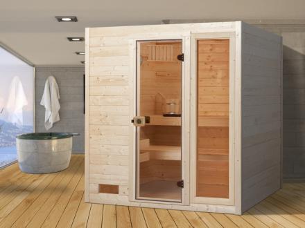 Weka szaunakabinok építése előregyártott elemekből, üveg ajtóval és szaunakályhával együtt